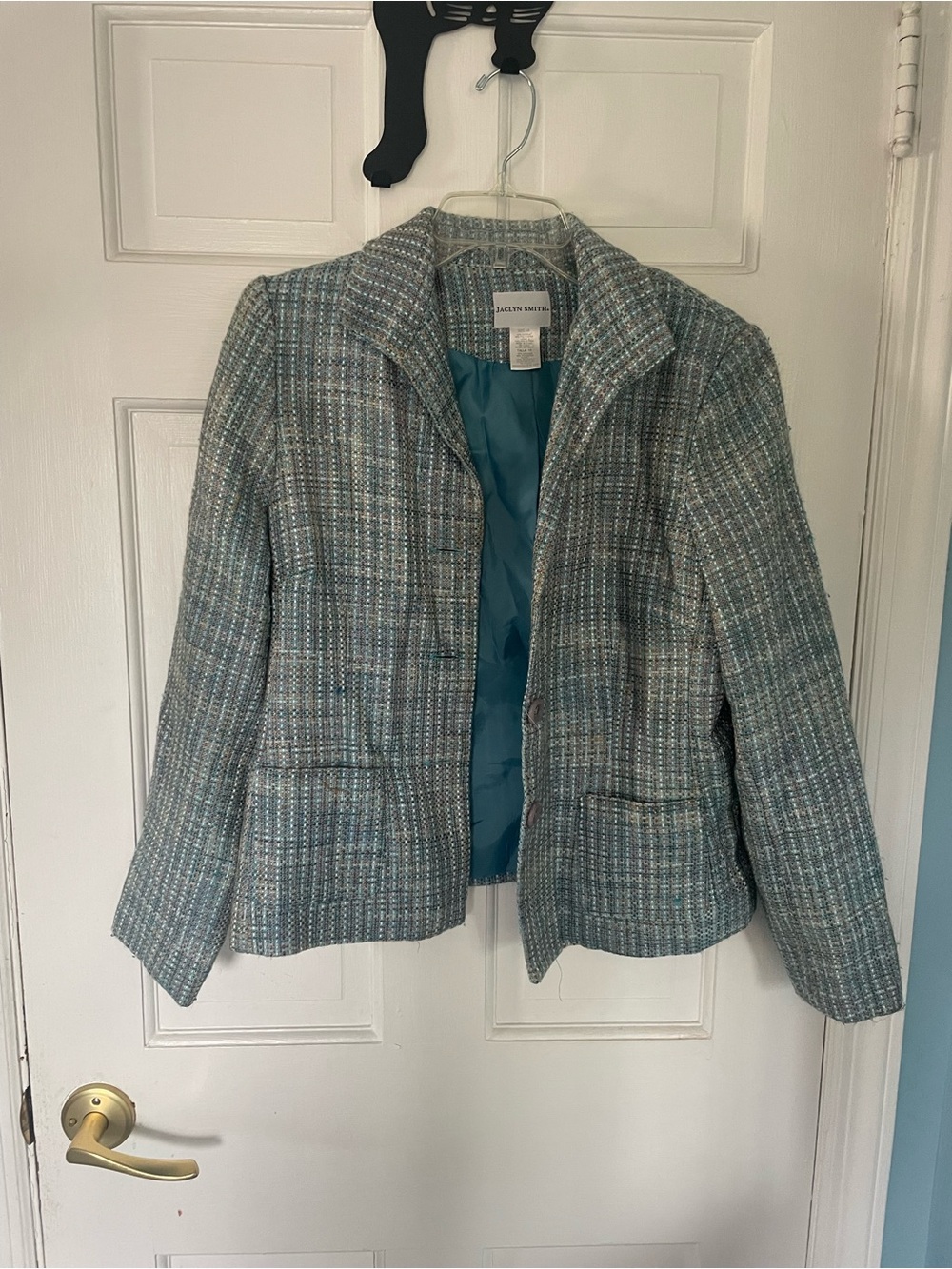 Jaclyn Smith Teal and Gray Tweed button down Blazer